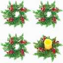 4Pcs Mini Christmas Candle Rings Wreaths, 10Inch Christmas Pine Kitchen Cabinet Candle Holder with Red Berries for Table Cenderpiece Chair Wall Window Decor