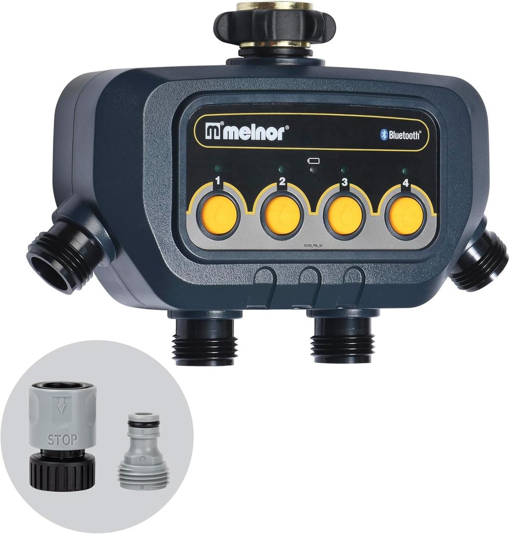 Melnor 65184AMZ Bluetooth Water Timer with 4-Zone Control, 12 Programmable Start Times, Watering Delay, Manual Mode, Weather-Resistant, 2 Piece Quick Connect Bundle, Black, Yellow