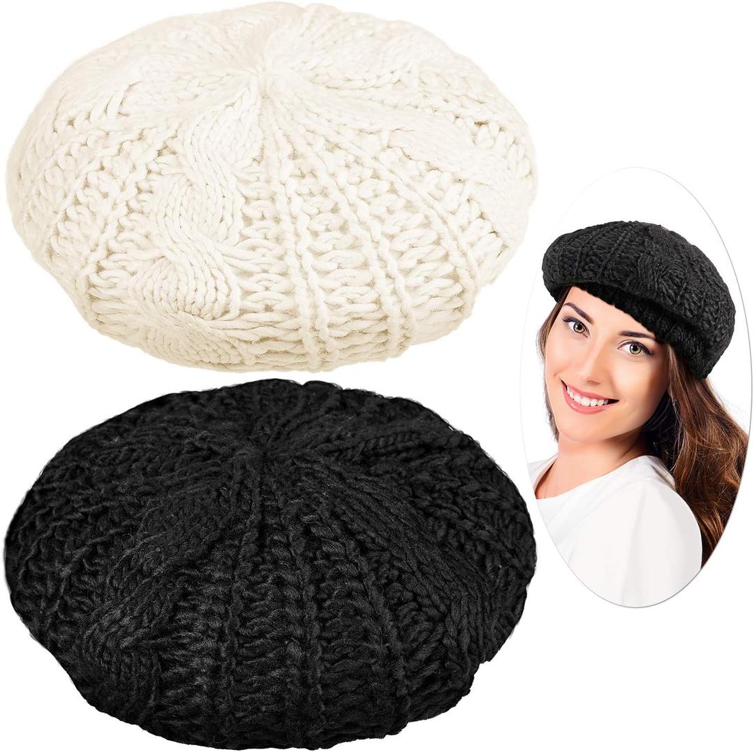 SATINIOR 2 Pcs Women Crochet Beret Solid Color Knit Beanie Hats Lightweight Ladies Slouchy French Beret Hats (Black, Beige)