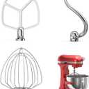 Stainless Steel Kitchen Mixers Accessories Compatible with KitchenAid Mixer and 6 Qt Bowl. KN256 6-Wire Whip, 6QT Flat Beater, 6QT Dough Hook Attachment Dishwasher safe, 6QT