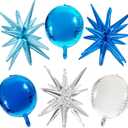 6 pcs Blue 4D Round Balloons, Royal Blue Sliver Birthday Decorations, 22 Inch Giant Star Explosion Foil Balloons Large Mylar Balloon for Birthday Party Gender Reveal Supplies