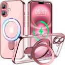 Magnetic for iPhone 16 Case with Invisible Stand[Compatible with MagSafe][Full Camera Lens Protector][Military Drop Protection] Shockproof Not Yellowing Clear Soft Slim for Women Men, Pink