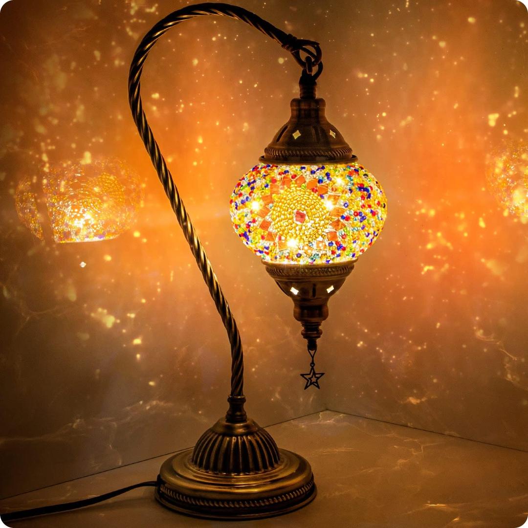 Yarra-Decor Turkish Moroccan Lamp with Bronze Base 3 Color Options Handmade Swan Neck Tiffany Mosaic Glass Bedside Lamps for Bedroom (LED Bulb Included)(4) (Orange1)