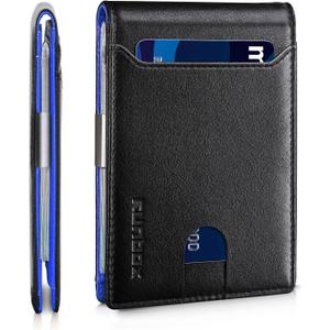 RUNBOX Slim Wallets for Men - Leather Money Clip Mens Wallet - RFID Blocking Front Pocket Bifold Wallet - Thin Credit Card Holder with Gift Box (Classic Black&Blue)
