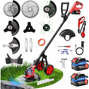 6000mAh Electric Weed Eater Battery Powered,12 Brushless Electric Weed Wacker Cordless Wheeled String Trimmer,4 in 1 Grass Trimmer/Brush Cutter/Grass Edger/Weed Trimmer 5 Blade, 2 Battery (Red)
