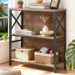 MNEETRUNG Small Bookshelf,3 Tier Industrial Bookcase with Metal Frame and Backboard,Low Rustic Brown Book Shelf,Book case for Small Spaces,Living Room,Bedroom and Home Office