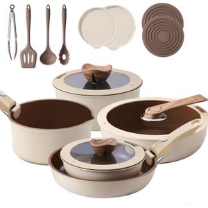 17-Piece RV Pots and Pans Set with Detachable Handle for Camper | Stackable RV Cookware, Induction & Oven Safe, Nonstick Ceramic Brown Interior, Dishwasher Friendly, PFOS & PFOA Free