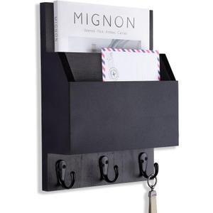 Key and Mail Holder for Wall Mount, Entryway Mail Holder with 2 Slot, Key Holder with 3 Sturdy Hooks for Coat, Dog Leash, Decorative Key Rack (8.86W x 11.42H x 3D) (Black)