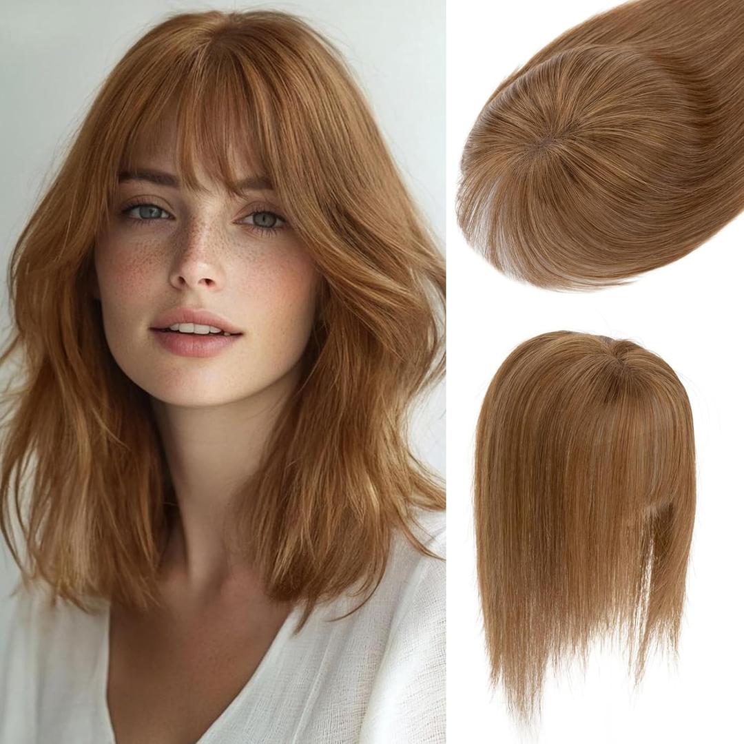 S-noilite Human Hair Topper with Bangs 3603D Cover Toppers Hairpieces for Women Bangs Hair Clip Light Brown 12inch, Hair Topper with Bangs, Light Brown(French)