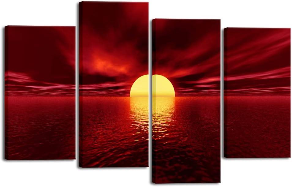 Wieco Art Large4 Piece Canvas Prints Wall Art Red Sea Pictures Sun Paintings Ready to Hang Modern Stretched Seascape Ocean Beach Artwork for Living Room Bedroom Home Decorations, 16x32inchx2pcs, 16x40inchx2pcs