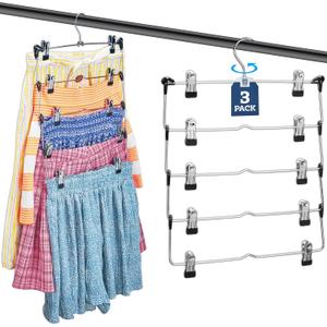 Zober 5-Tier Skirt Hangers with Clips - Metal, Non-Slip Space Saving Pants Hangers W/Adjustable Clips & Swivel Hooks - Skirt Hangers for Women (3-Pack) (Sliver - 5 Tier)