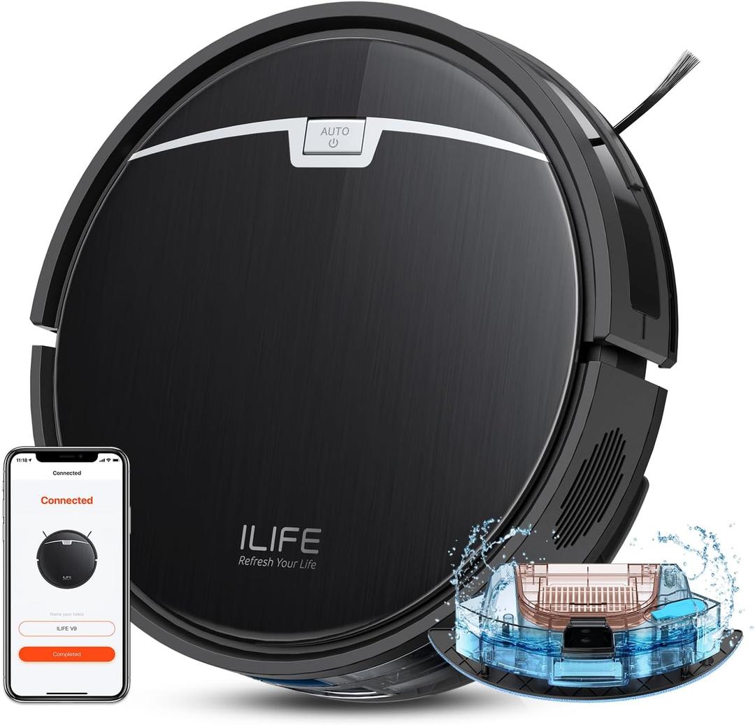 ILIFE Robot Vacuum and Mop, 3000Pa Strong Suction Robot Vacuum Cleaner, Gyro Navigation, App Control, No Tangle, Compatible with 2.4GHz WiFi, Alexa, Ideal for Hard Floor, Pet Hair, V9