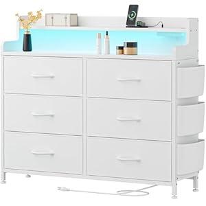 Lulive White Dresser for Bedroom 6 Drawers - Fabric Dressers for Bedroom with LED Light & Charging Station - Adults Chest of Drawers for Living Room Hallway Closet (White)