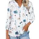 Blouses for Womens 3/4 Length Sleeve Casual Tops Loose V Neck T Shirt with Smocked Cuffs 2026 (White Blue Floral, S) (White, S)