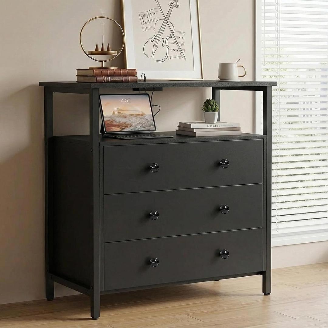 Edbuosy 3 Wooden Drawers Night Stand, 27 Inch Wide Nightstand with Charging Station and Adjustable Drawers, Small Dresser for Closet, Bedside Table for Living Room/Bedroom/Office