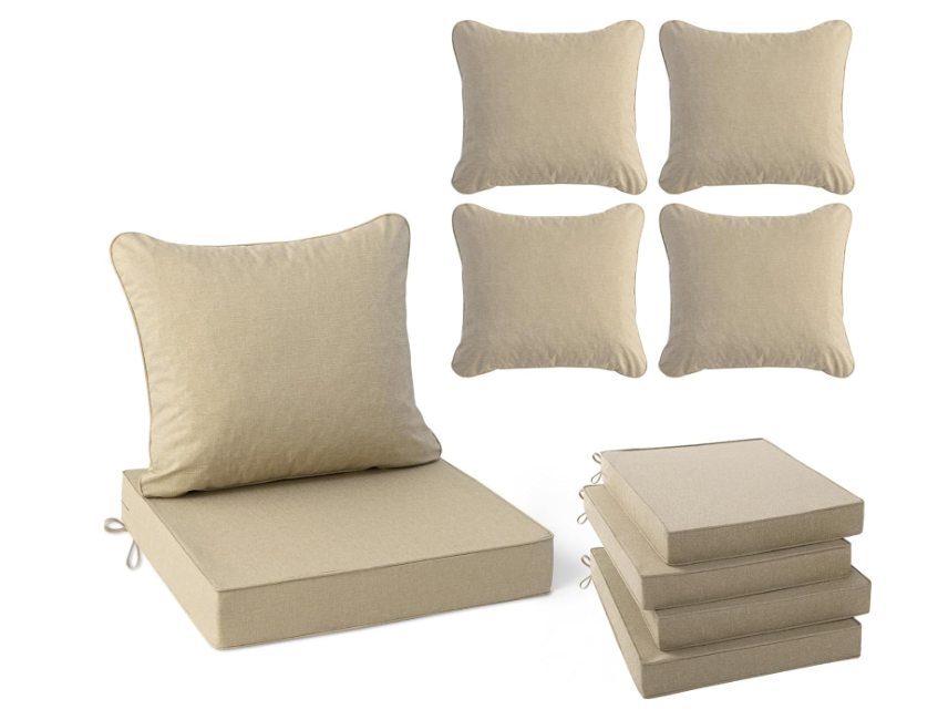 Summsun Outdoor Chair Cushions Set of 4, Faux Linen Patio Furniture Cushions, Water Resistant Backrest and Deep Seat Cushion Set with Straps, Removable Cover, Non-Slip Bottom, 22 x 22 Inch, Nature