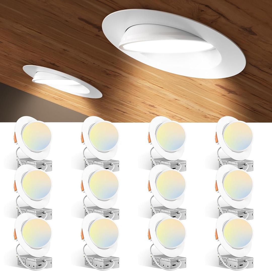 Amico 12 Pack 6 Inch 5CCT Gimbal LED Recessed Lighting, 360&90Adjustable Eyeball Directional Downlight, Dimmable, 2700K/3000K/3500K/4000K/5000K Selectable, 12W 1200LM CRI90+, White, ETL&FCC