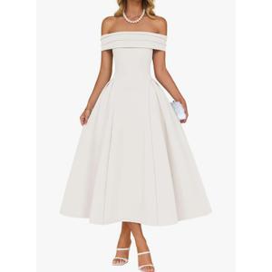 ZESICA Cocktail Dresses for Women's Elegant Off Shoulder Short Sleeve Swing A Line Wedding Evening Party Midi Dress, L
