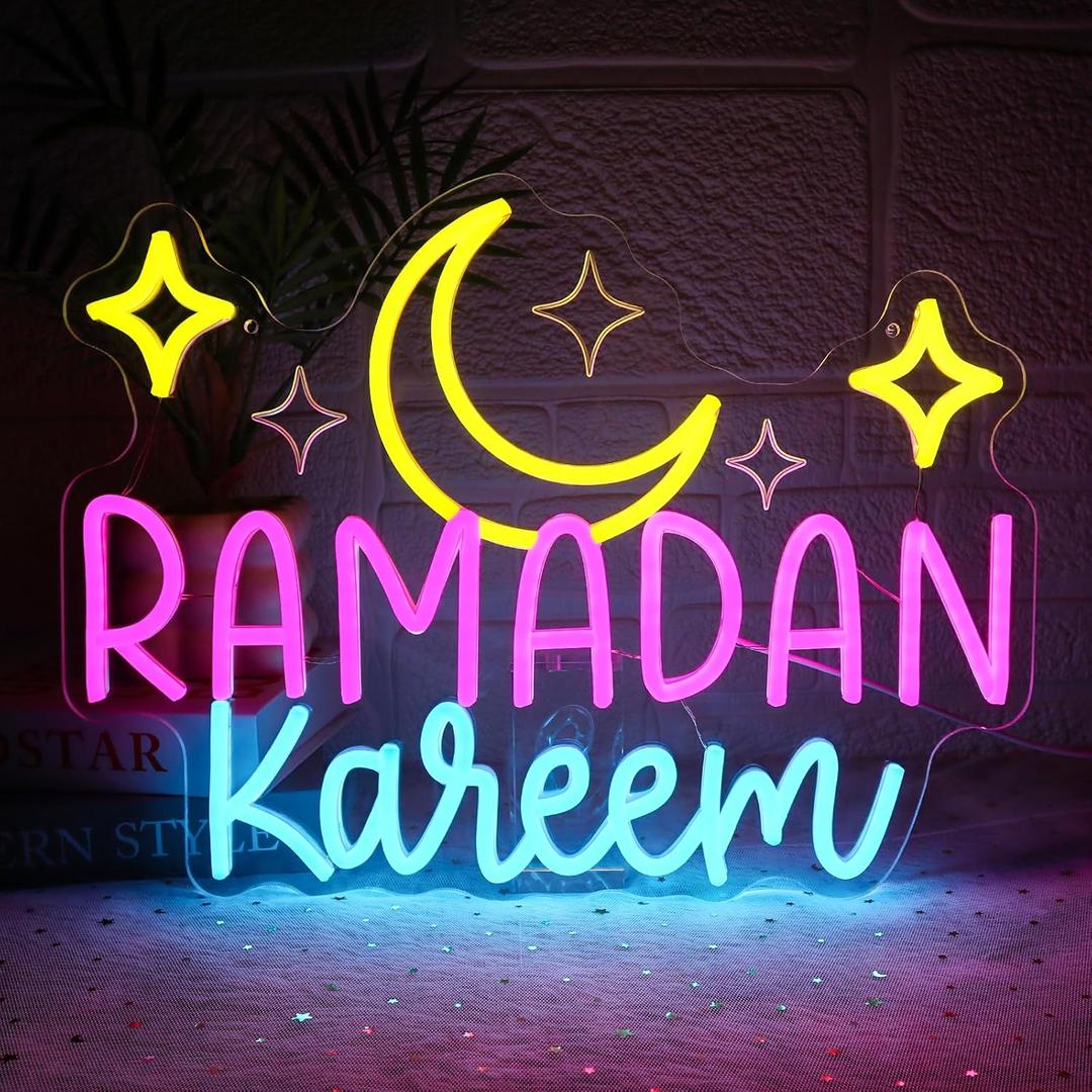 Ramadan Kareem Neon Sign for Wall Decor Dimmable Moon Stars Shape Led Sign for Islamic Eid Neon Light for Muslim Holiday Decoration Holy Celebration Decor Home Party Supplies