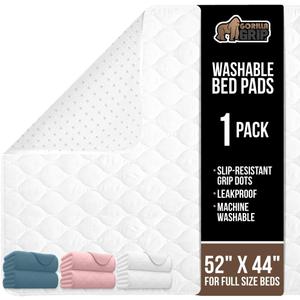 GORILLA GRIP Washable Reusable Underpads, 52x44, White | Heavy Absorbency Incontinence Bed Wetting Pads, Leak Proof Toddler Mattress Pad, Slip Resistant Protector for Adults and Kids