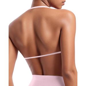 OMKAGI Halter Sports Bras for Women Padded Strappy Bra Open Back Workout Gym Crop (Small, Baby Powder)