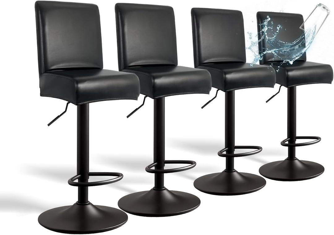 PU Leather Bar Stool Covers with Backs, 4 Pack Stretch Waterproof Bar Stool Chair Covers Washable & Comfortable Barstool Covers Slipcovers with Back for Pub/Counter/Dining Room Decoration (Black)
