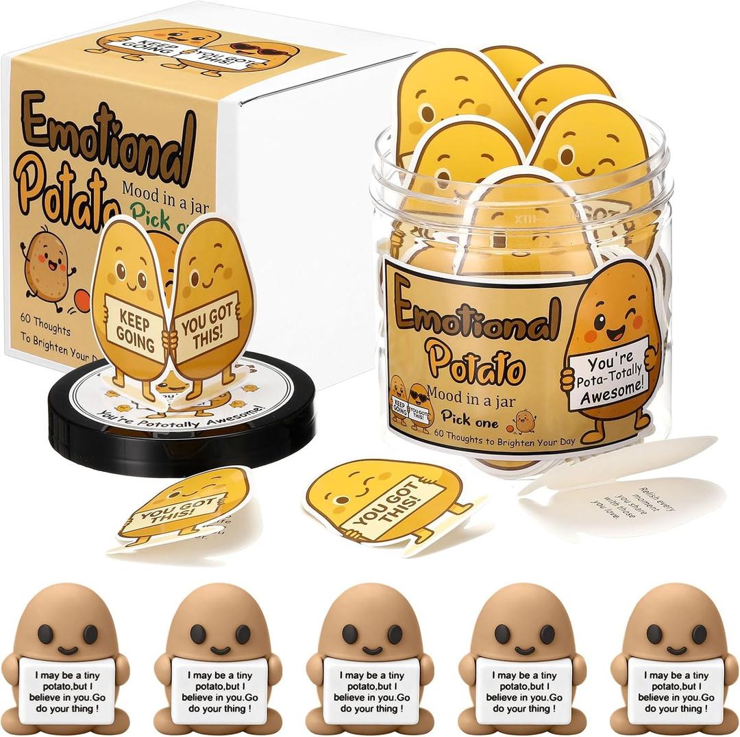Gejoy 60 Pcs Emotional Comfort Potato Affirmation Card Jar with 5 Mini Potato Figurines Positive Motivational Birthday Gifts Farewell Leaving Gift for Coworkers Colleague Staff Women Men