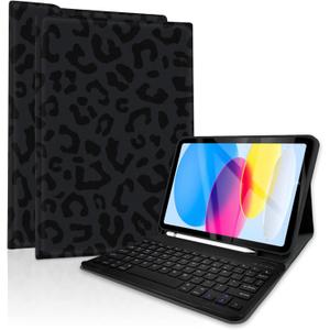TopPerfekt Case Keyboard for iPad Gen 11th (A16) 11-inch 2025 / iPad 10th 10.9-inch 2022Detachable, Rechargeable, Magnetically Absorbent,Pencil Holder for 10.9 inch Case with Keyboard- Black Leopard