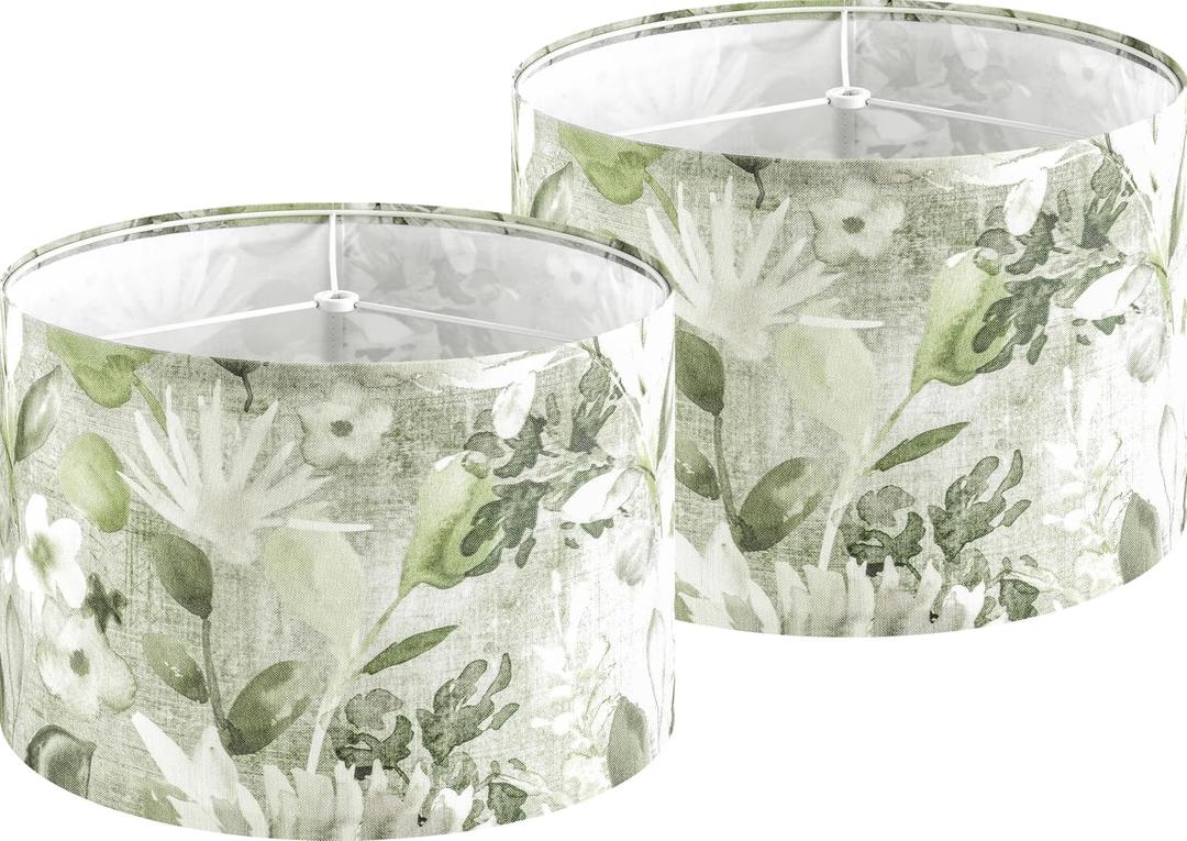 PAPAYA Lamp Shades Set of 2 Green Floral Drum Shade 13"x13"x9" | Hand Crafted,Linen Fabric,Victorian Lamp Shade,Spider Fitter,Bell Lamp Shades for Table Lamps,Floor Lamps,Easy Assembly