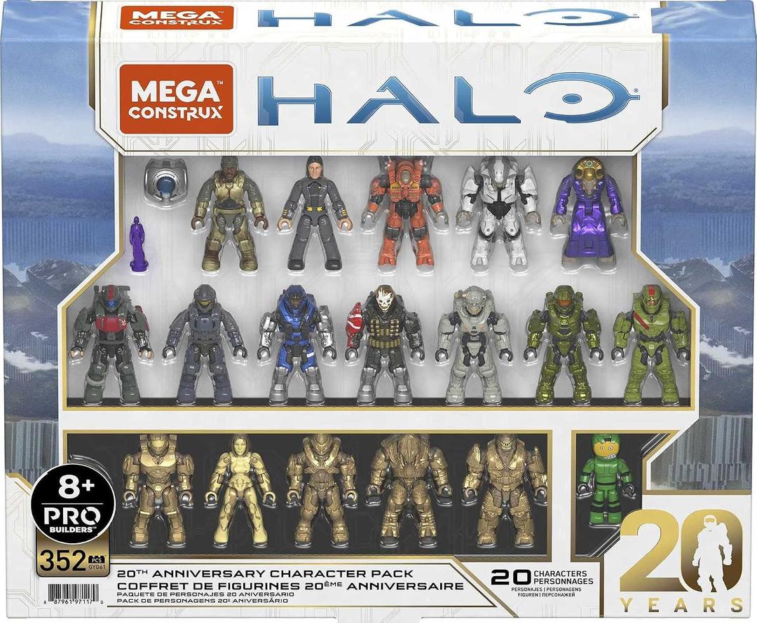 MEGA Halo Action Figure Building Toys Set, 20th Anniversary Character Collector Pack with 352 Pieces, 20 Poseable Articulation Figures, Kids or Adults, Medium