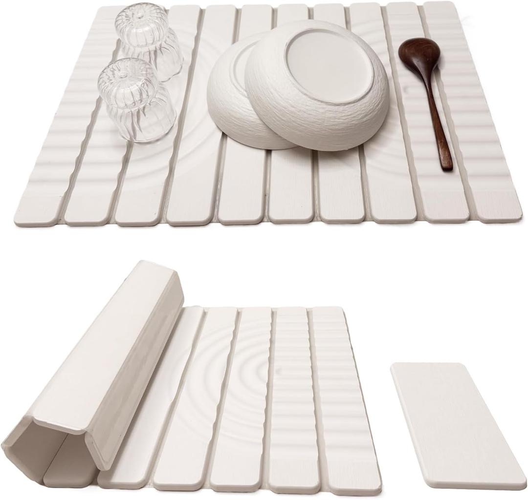 Stone Drying Mat for Kitchen Counter, 23.62"X15.35" Absorbent Diatomaceous Collapsible Quick Drying Dish Mats，Roll This Non-Slip Highly Absorbent Drying Mat Into a Compact Size for Seamless Storage