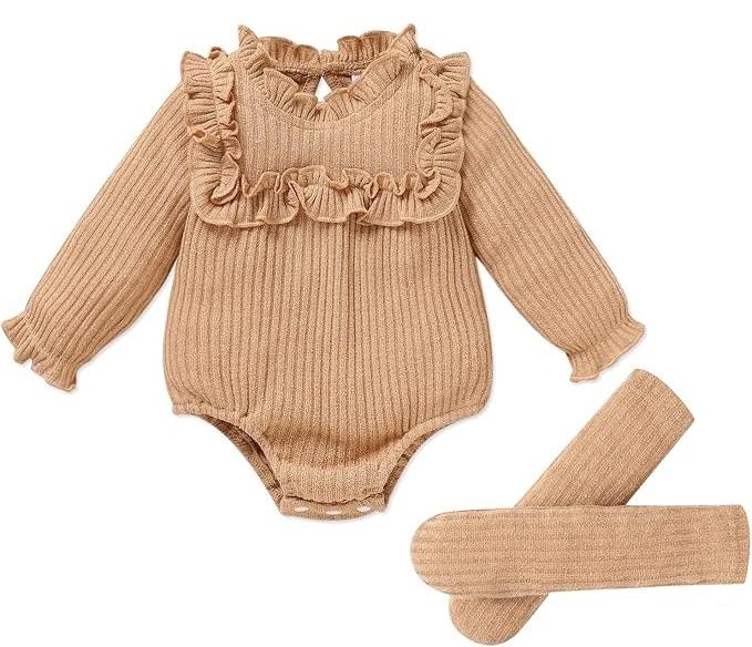 GRNSHTS Newborn Baby Girl Clothes Ruffle Rompers Toddler Fall Outfits for Girls Set Little Girl Fall Winter Clothing (0-3M, Khaki)