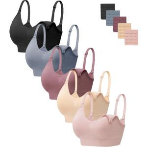 HBselect Women Maternity Bras 5 Pack Nursing Bras for Breastfeeding Seamless Pregnancy Sleep Bralette with Extra Extenders (Large, 5pack(black/Nude/Pink/Dusty Blue/Dusty) Pink)