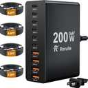 USB C Charging Station 10 Port with 4 USB Cables, 200W GaN Type C Charger Block, Wall Charger Power Strip Adapter Plug for iPad iPhone17 16 15 14 13 12 Pro Max Pixel Note Galaxy, Black