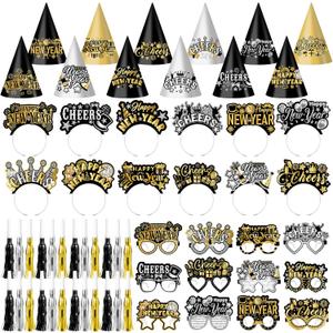 Jenaai 96 Pcs New Year Eve Party Supplies 2026 Happy New Year Eve Party Favors Include Paper Glasses Cone Hats Black Silver Gold Headbands Blowers Noisemakers for Holiday Decors Photo Prop Accessories