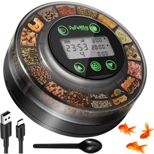 Papettly Automatic Fish Feeder for Aquarium - Auto Fish Food Dispenser for Fish Turtle Tank with USB Cable & LCD Display, Timer Fish Feeder for Vacation Weekend Holiday, with Fish Feeder Spoon