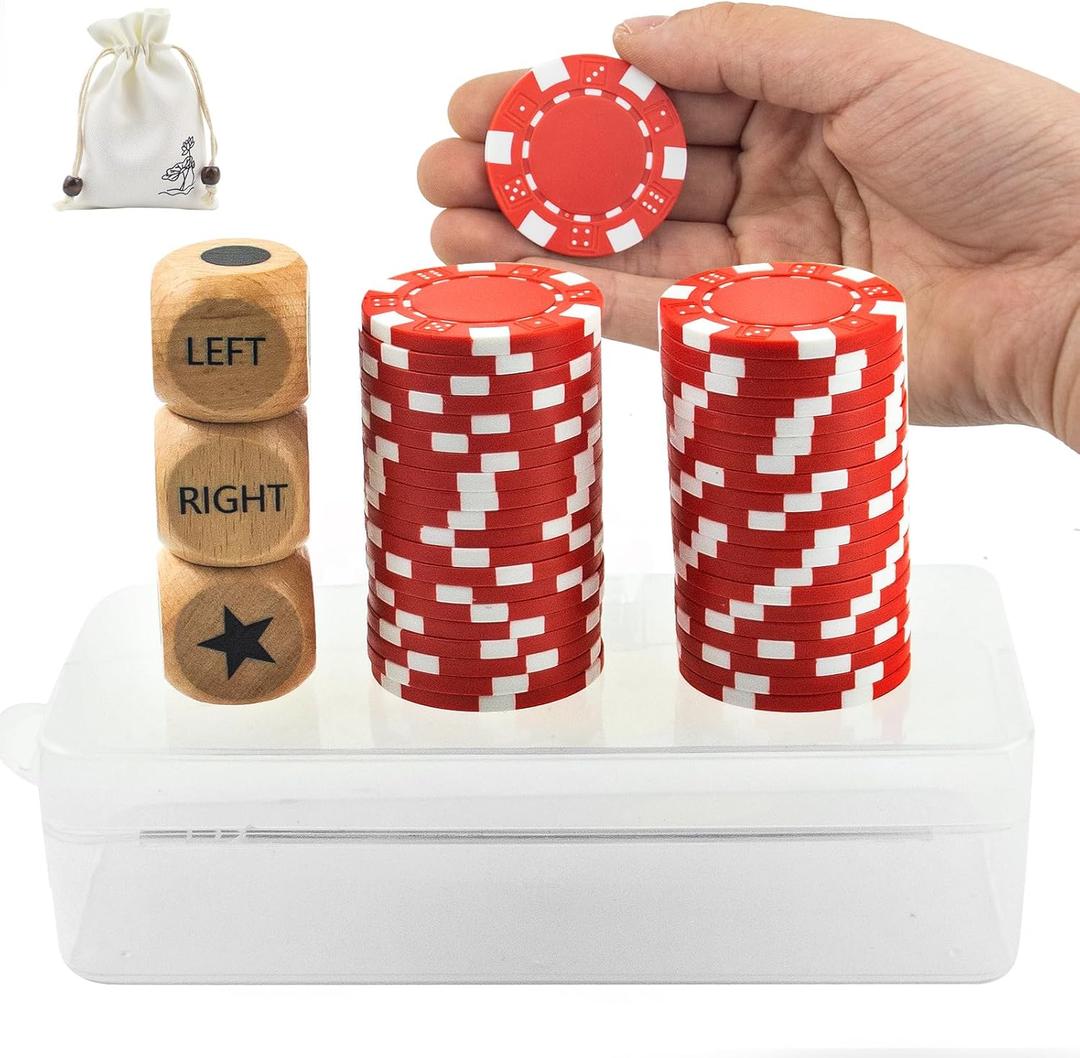 Left Right Center Dice Game Set, Upgrade Right Left Center Dice Game Set with 3 Pcs Beech Wood Dices + 40 Pcs Red Poker Chips