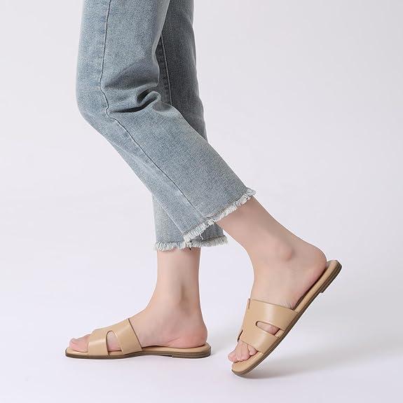 Rihero Women's Dressy Flat Sandals Comfortable Slip On Leather Slide Sandals, Nude 10