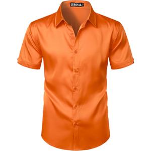 ZEROYAA Men's Hipster Shiny Silk Satin Shirt Regular Fit Short Sleeve Casual Button Down Dress Shirts for Summer Party (Medium, Orange)