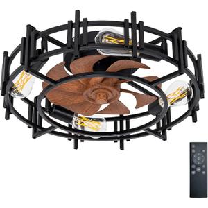20'' Modern Black Caged Ceiling Fans Low Profile Ceiling Fans with Lights and Remote,Timer,6 Speeds Quiet Reversible Dc Motor for Bedroom,Kitchen,Indoor
