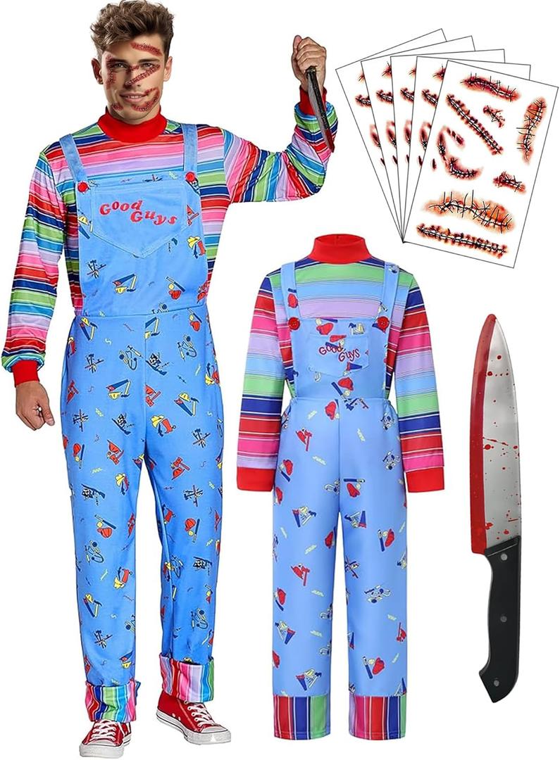 5 Sizes Adult Halloween Costume Chucky Costume for Men Women Long Sleeve Overalls Prop Knife Toy Scar Tattoos M 