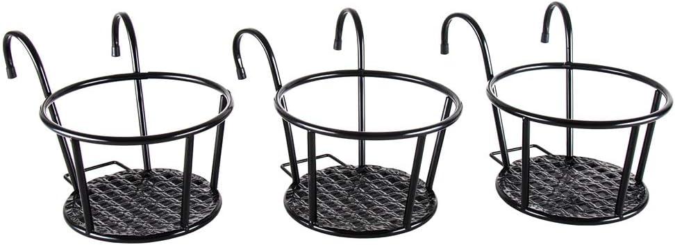 HowRU Iron Art Hanging Baskets Flower Pot Holder - Over The Rail Metal Fence Planters - Pack of 3 - Black