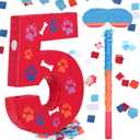 Hiboom 13.7 Inch Dog Paw Red Piata 5th Birthday Party Decoration Piata with 9.8 Inch Stick Blindfold Confetti Number 3 4 5 Birthday Themed Gifts for Kid Boy Girl Fun Dog Footprints Bone Photo Prop