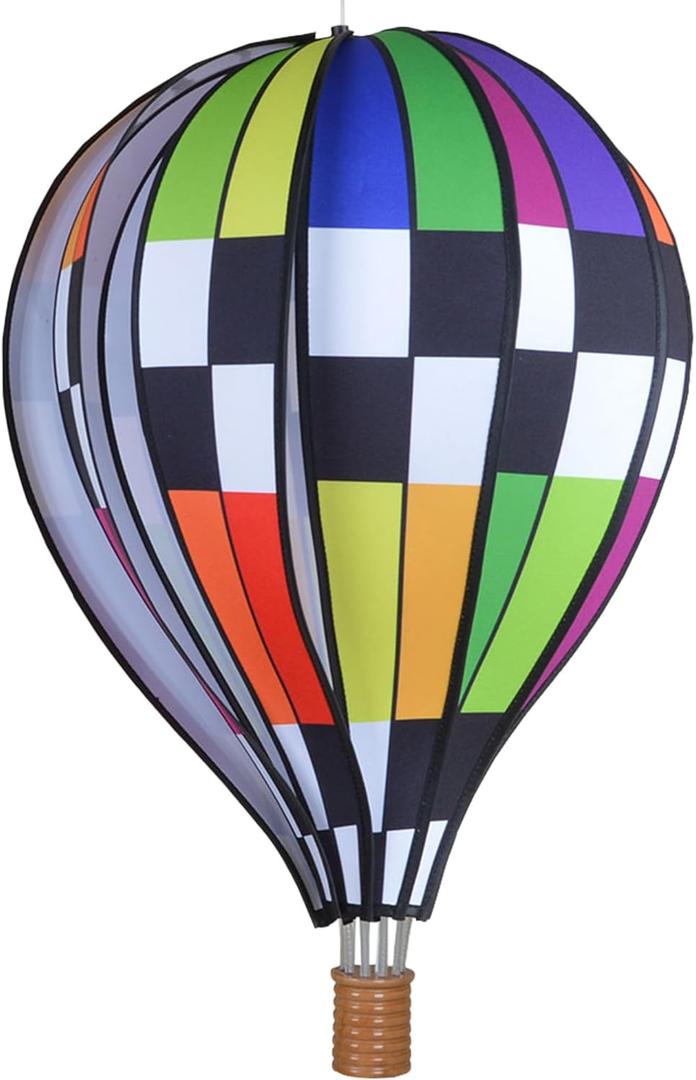 Hot Air Balloon Hanging Garden Spinner 22" - Vibrant Checkered Rainbow Design, Weather-Resistant Outdoor Decor, Durable & Lightweight for Patios, Yards, and Gardens - Eye-Catching Wind Spinner