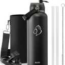 BUZIO 40oz Insulated Water Bottle, Triple Wall Vacuum Stainless Steel Water Flask with 2 lids, Lead-Free BPA-Free Straw Lid Sports Canteen Jug, Cold 48H & Hot 24H- Black