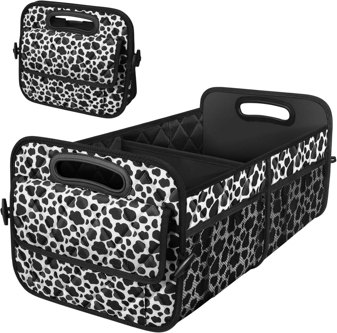 Deosk Car Organizer for SUV - 6 Big Pocket Trunk Storage With Waterproof Polyester, Car Accessories for Women/Men, Cow Print (Medium)