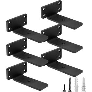HITOMEN Heavy Duty Floating Shelf Brackets, 4-Inch (1/5'' Thick) Hidden Shelves Hardware, Iron L Brackets, Rustic Industrial Black Metal Wall Shelving Supports, 6 Pack