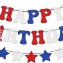 4th of July Happy Birthday Banner - Red, White + Blue Paper Glitter, 4th of July Birthday Decorations, USA Stars Banner, America Independence Day Veterans Day Birthday Party Favors
