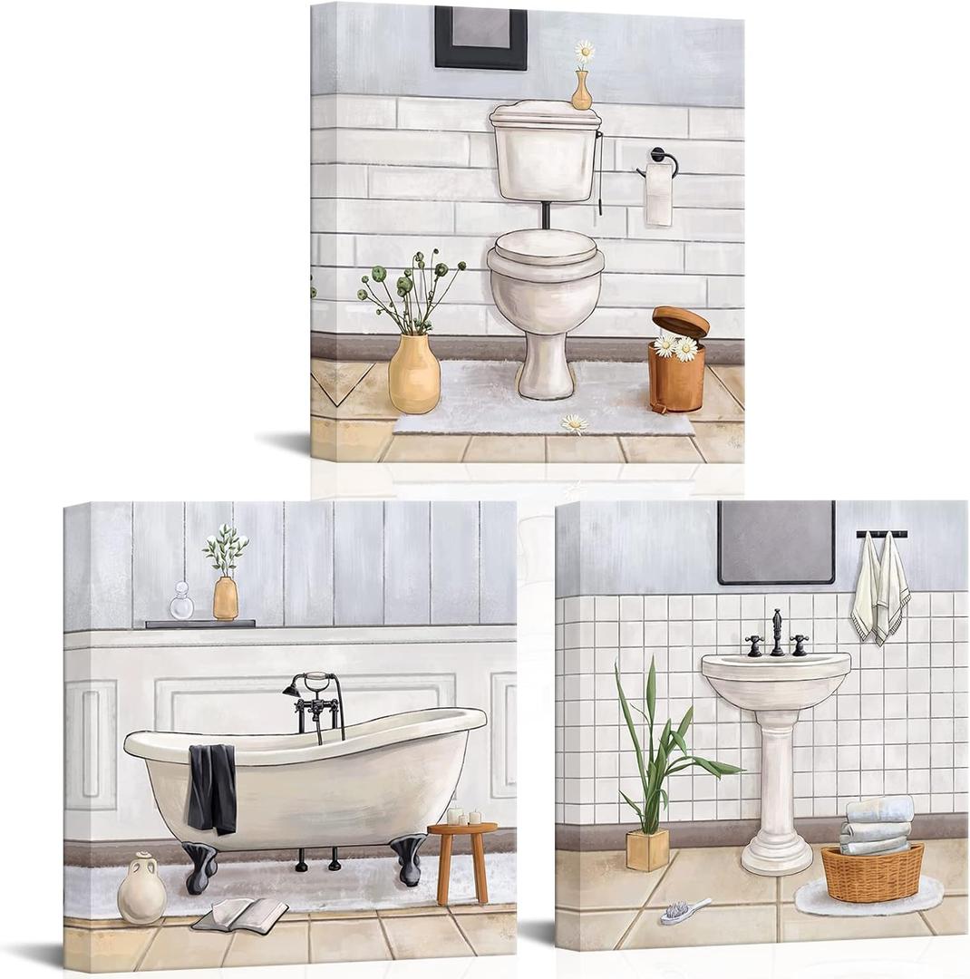 HOMEOART Bathroom Wall Art Bath Tub Painting Picture Bathroom Wall Decor Framed Ready to Hang 12x12inchx3 White