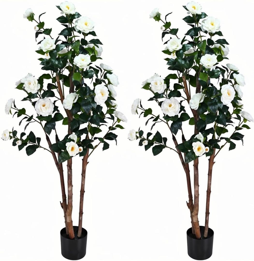 2pc 5ft Decorative Artificial Camellia Tree with White Flowers, Potted Faux Floral Plant, Realistic Blooming Fake Plants for Indoor Outdoor Home Front Door Planter Decor